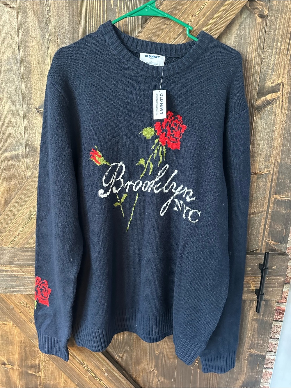 Old Navy Navy Crewneck Sweater with Red Rose Embroidery